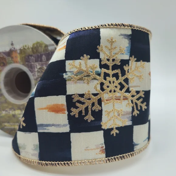 MACKENZIE-CHILDS 3 (Three) Yards Wired Ribbon Buffalo Check Gold Snowflake 4" - Picture 3 of 7